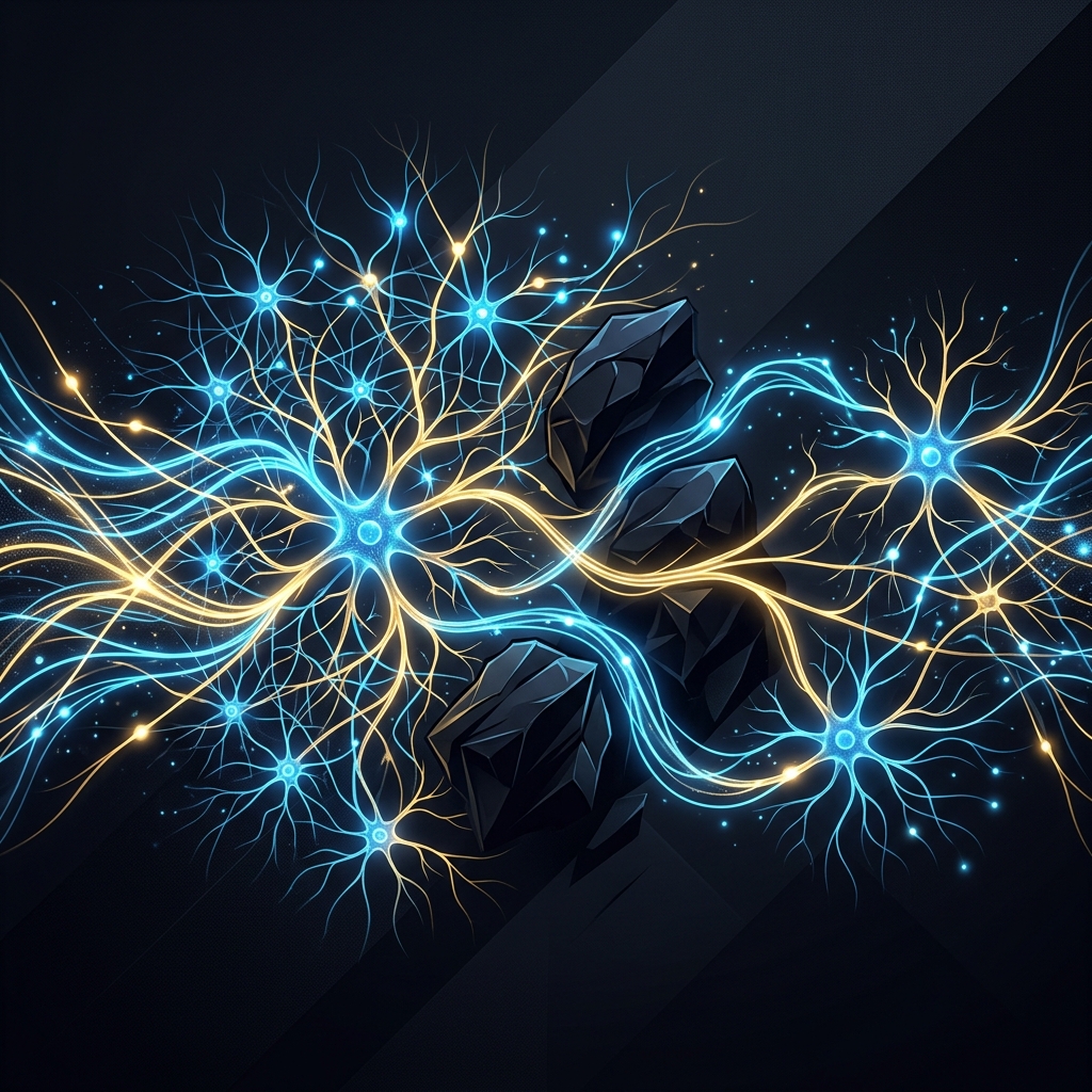 Cérebro luminoso com redes neuronais contornando obstáculos, ilustrando a reserva cognitiva